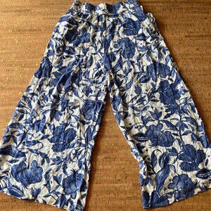 Blue and white floral print high waisted wide leg pants